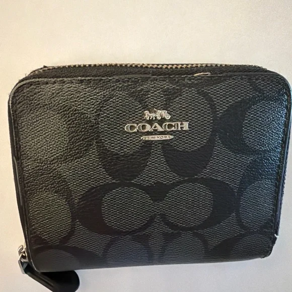 Coach Black Signature Zip Around Wallet Small Compact - Picture 2 of 5